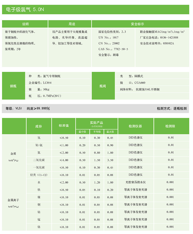 电子级氯气产品说明及理化性质